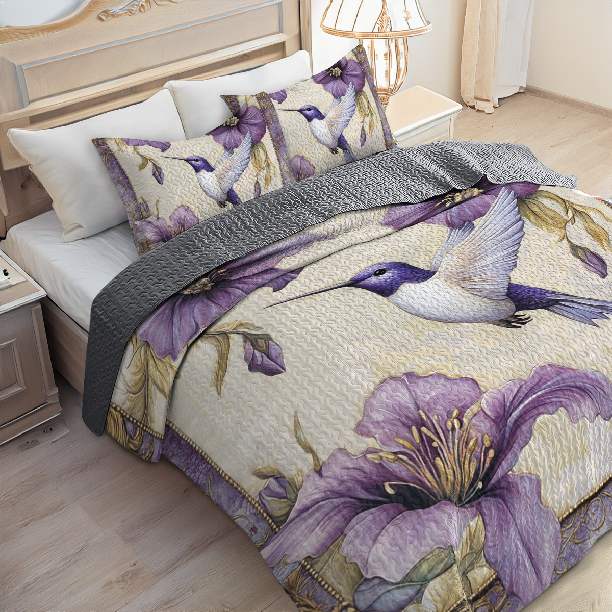 Shineful All Season Quilt 3-Piece Set - Regal Purple Hummingbird