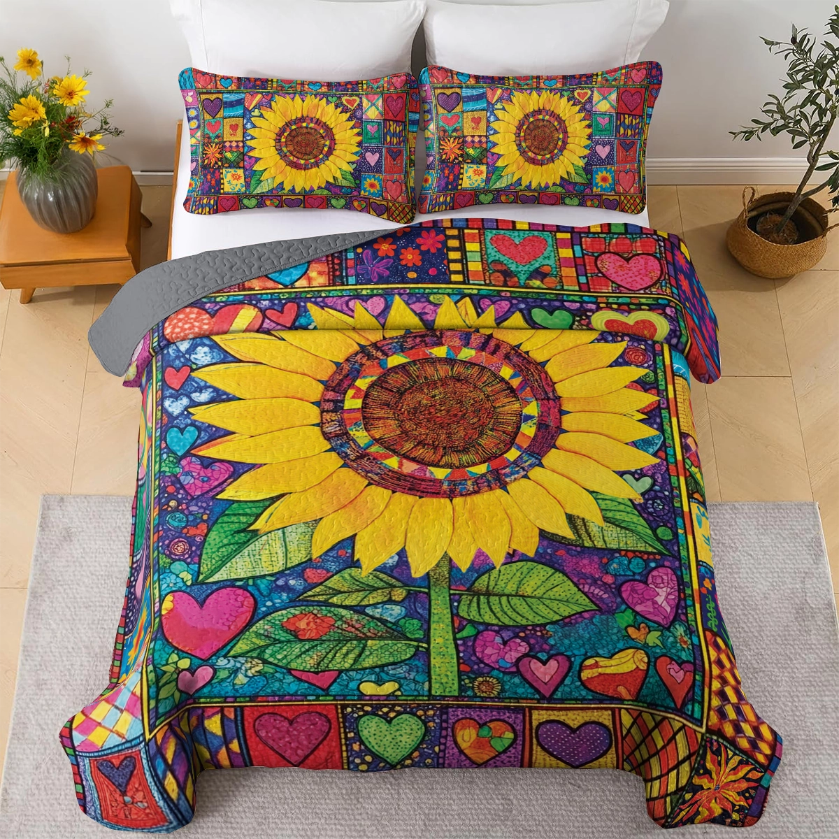 Shineful All Season Quilt 3-Piece Set Hippie Heart & Sunflower