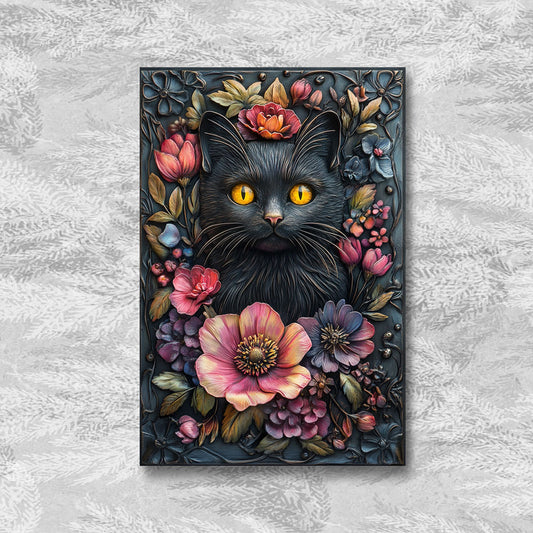 Glänzendes 2D Metallschild Feline Floral Fantasy