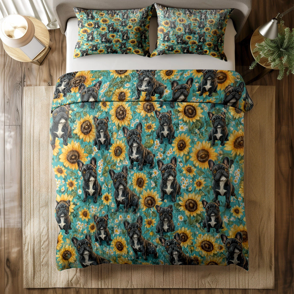 Ensemble de courtepointe toutes saisons Shineful 3 pièces - Frenchie Sunshine Dreams 