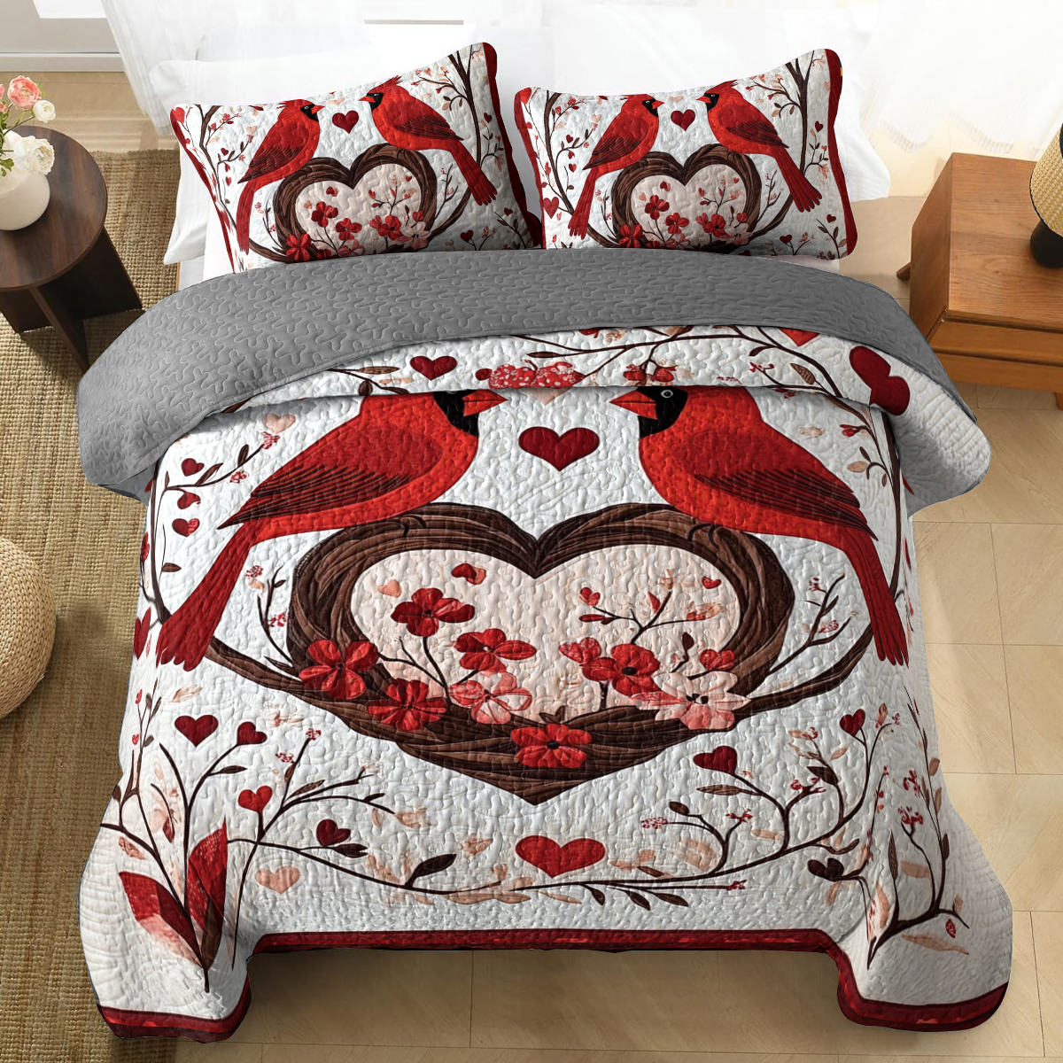 Shineful All Season Quilt 3-Piece Set - A Heartfelt Cardinal Embrace