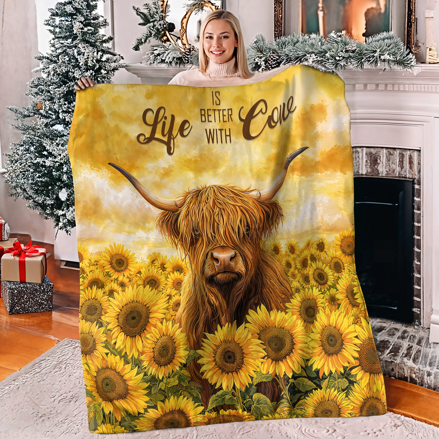 Shineful Fleece Blanket Sunflower Snuggles Highland Cow