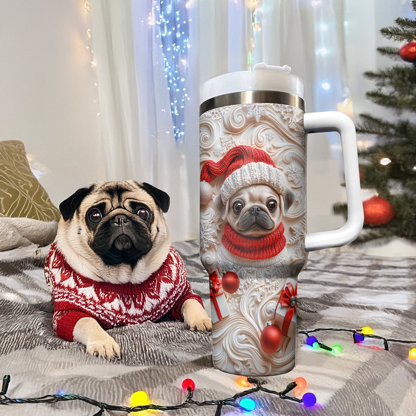 Shineful Glossy Tumbler Snowy Christmas Pug