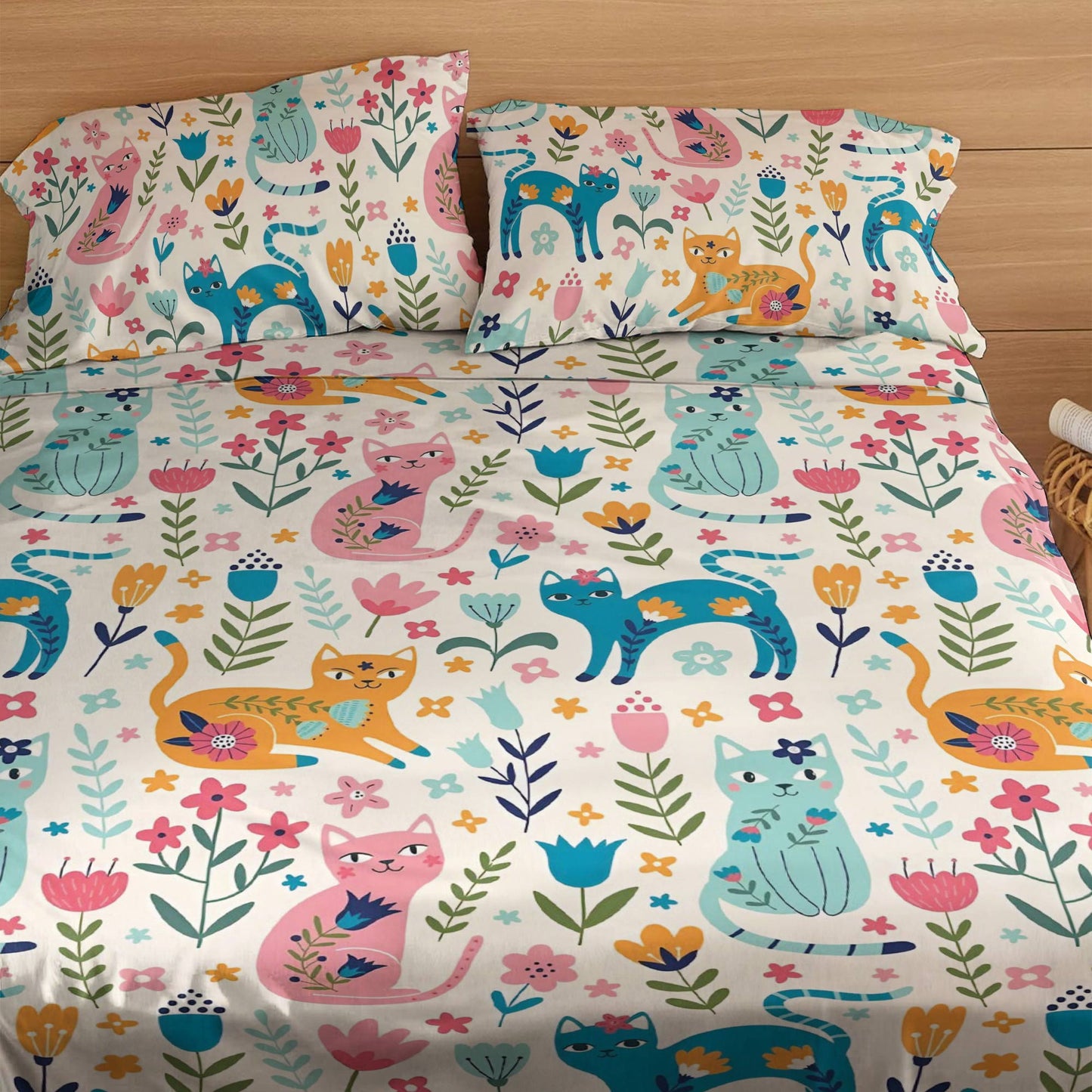 Shineful 4-Piece Bed Sheet Set Floral Cats