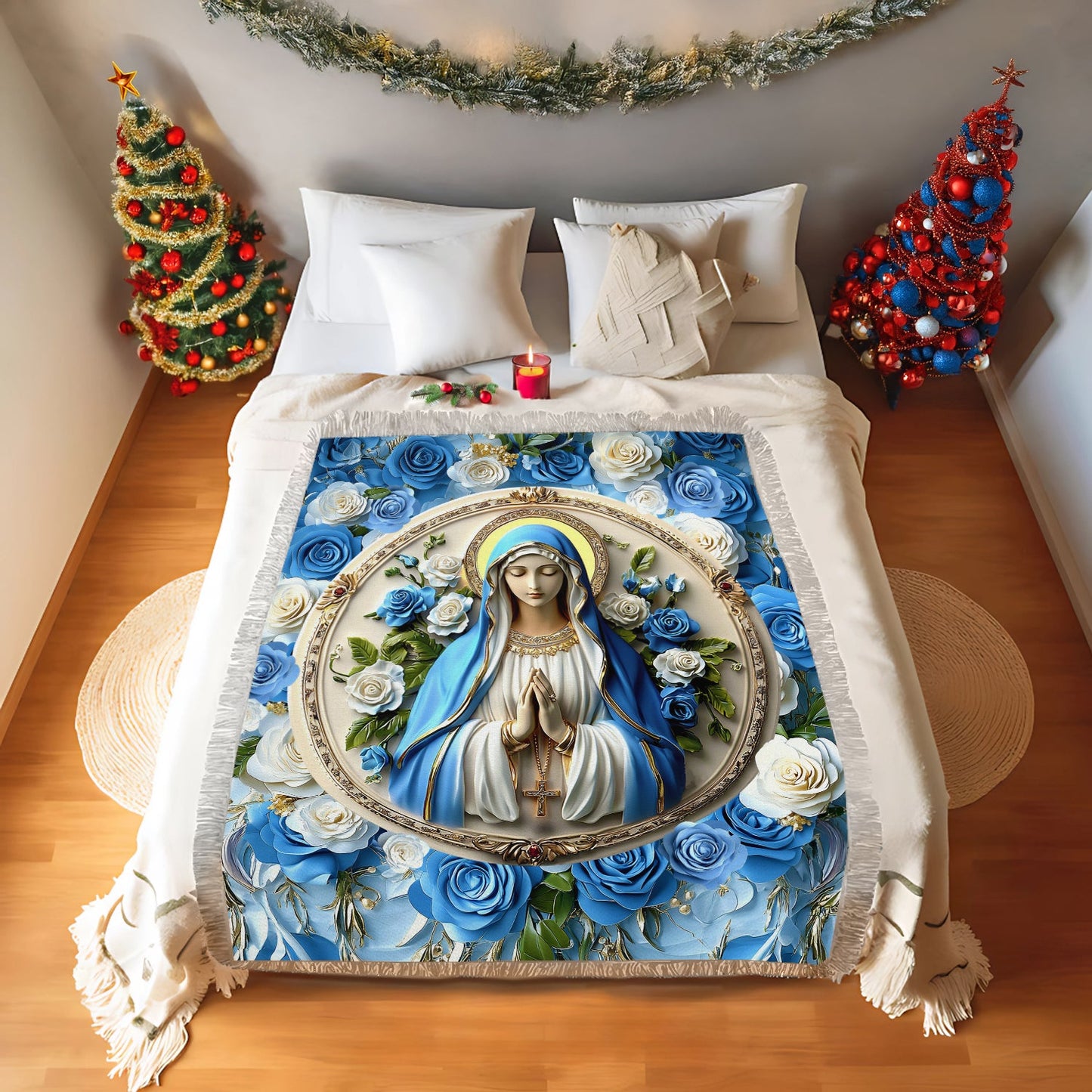 Shineful Woven Tapestry Throw Blanket - Peaceful Virgin Mary Roses