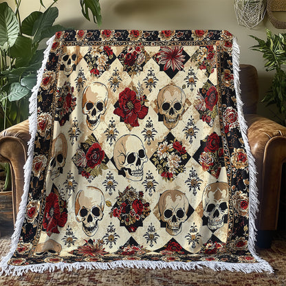 Shineful Woven Tapestry Throw Blanket - Elegant Skull Roses