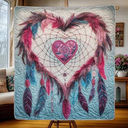 Shineful Flat Print Faux Quilt Blanket - Heartfelt Dreamcatcher of Feathers and Whimsy