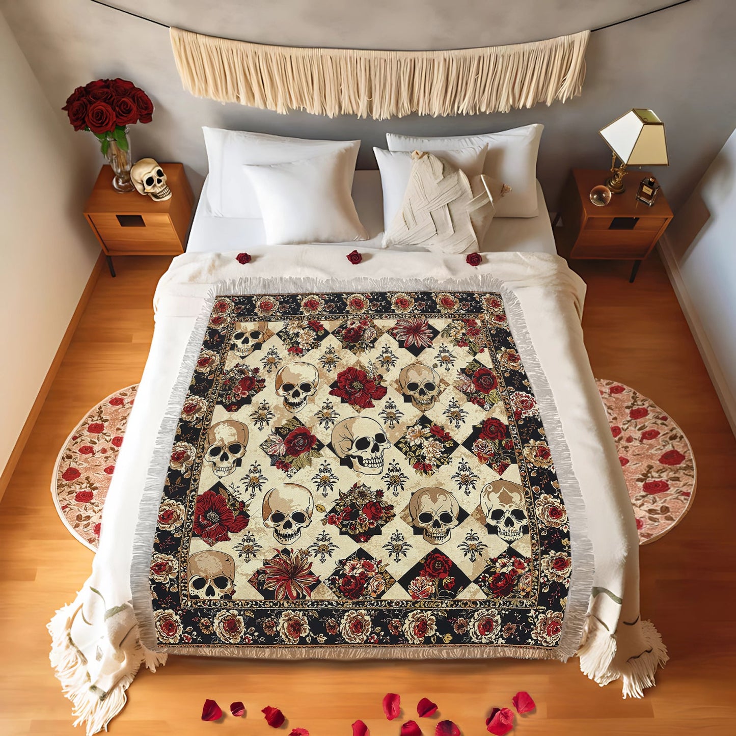 Shineful Woven Tapestry Throw Blanket - Elegant Skull Roses