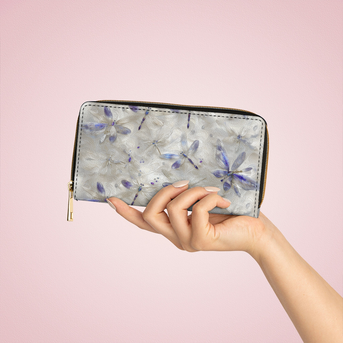 Shineful Leather Clutch Purse With Wristlet Strap Handle Ethereal Dragonfly Elegance