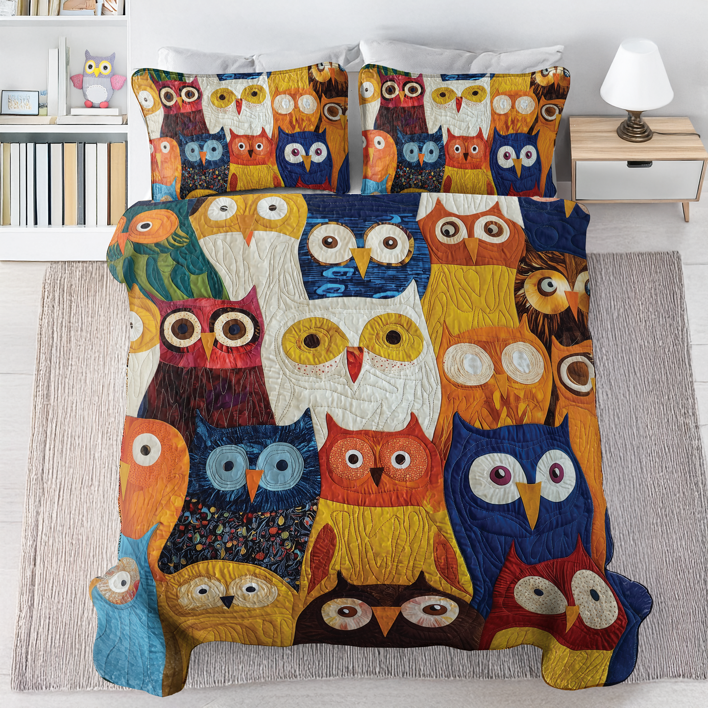 Shineful All Season Quilt 3-Piece Set - Colorful Owl Gathering