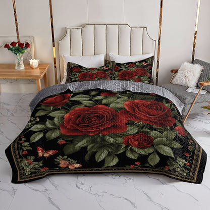 Shineful All Season Quilt 3-Piece Set Elegent Red Roses And Butterflies