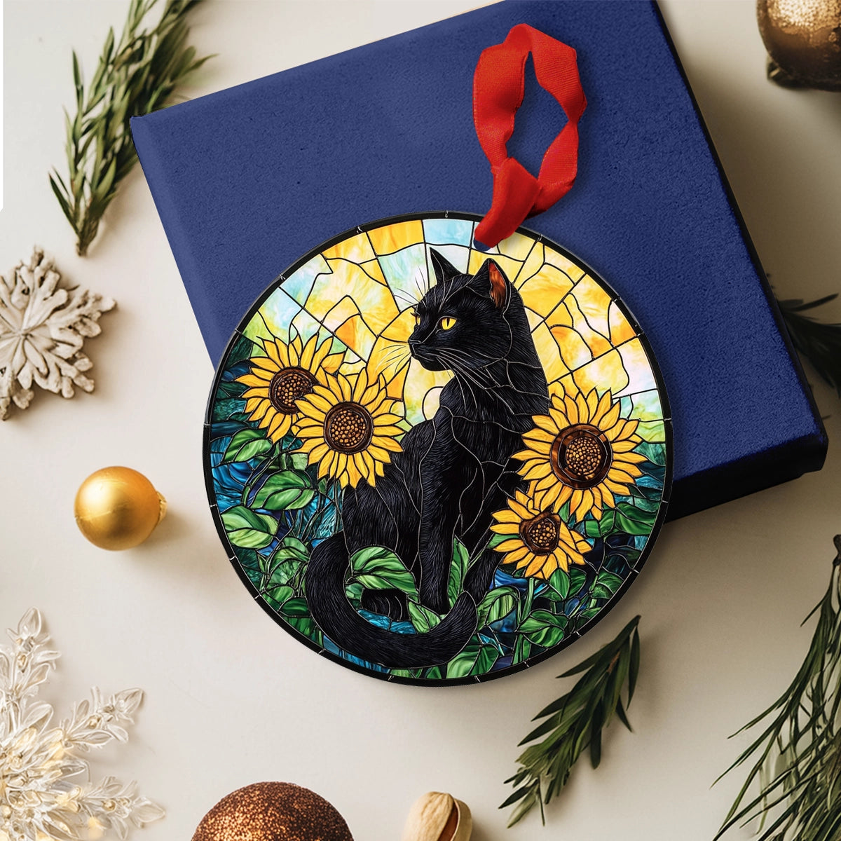 Shineful 2D Acrylic Ornament Stained Glass Sunflower & Midnight Cat