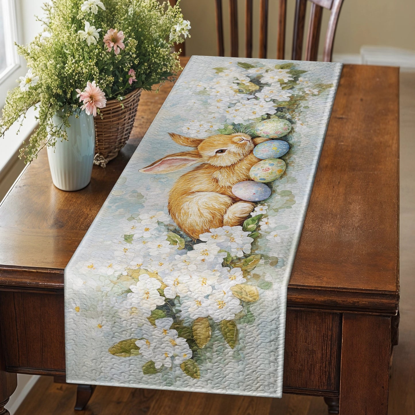 Shineful 2D Flat Print Quilted Table Runner Easter Blossoms Glory