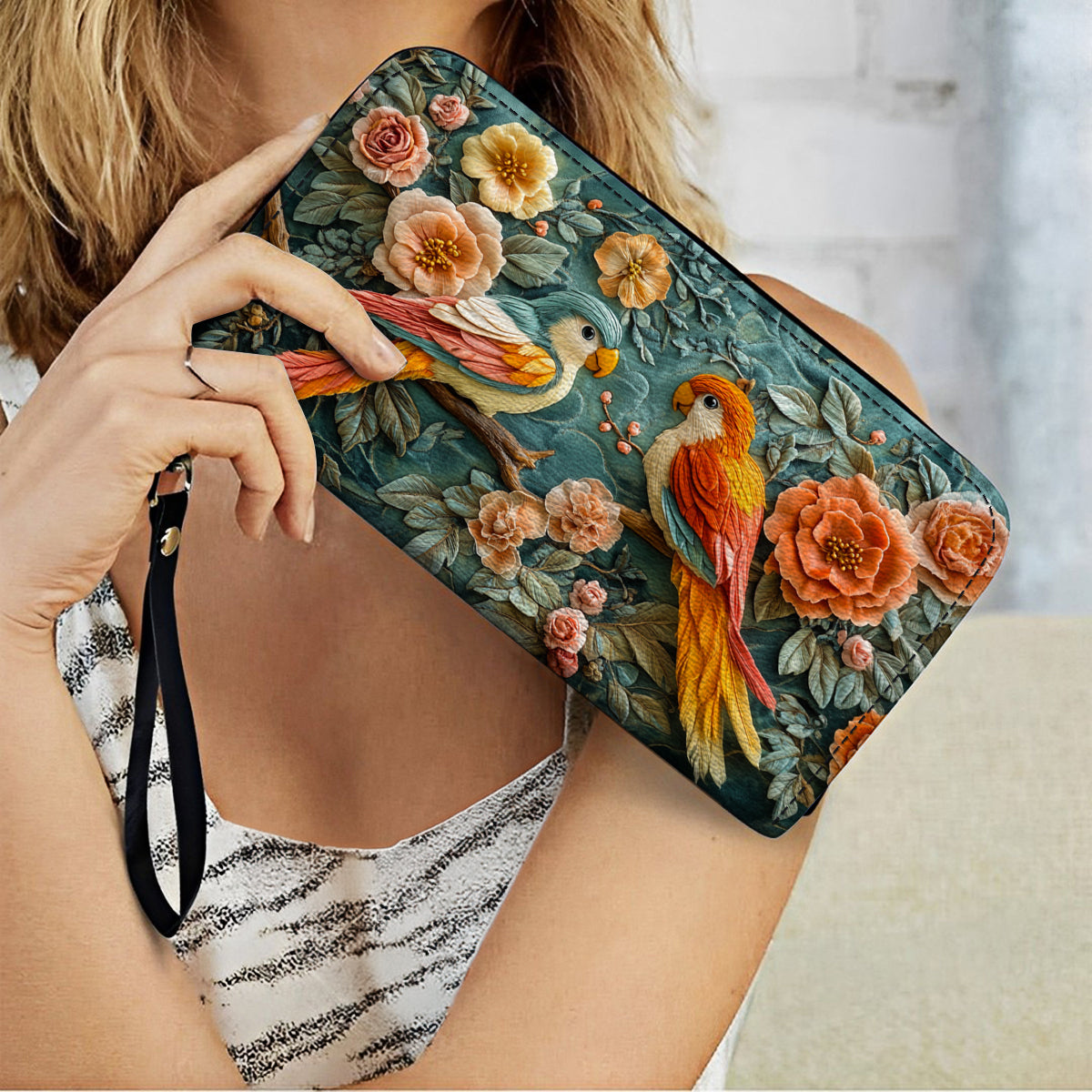 Shineful Leather Clutch Purse With Wristlet Strap Handle Ethereal Lovebirds