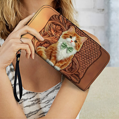 Shineful Leather Clutch Purse With Wristlet Strap Handle Charming Whiskers