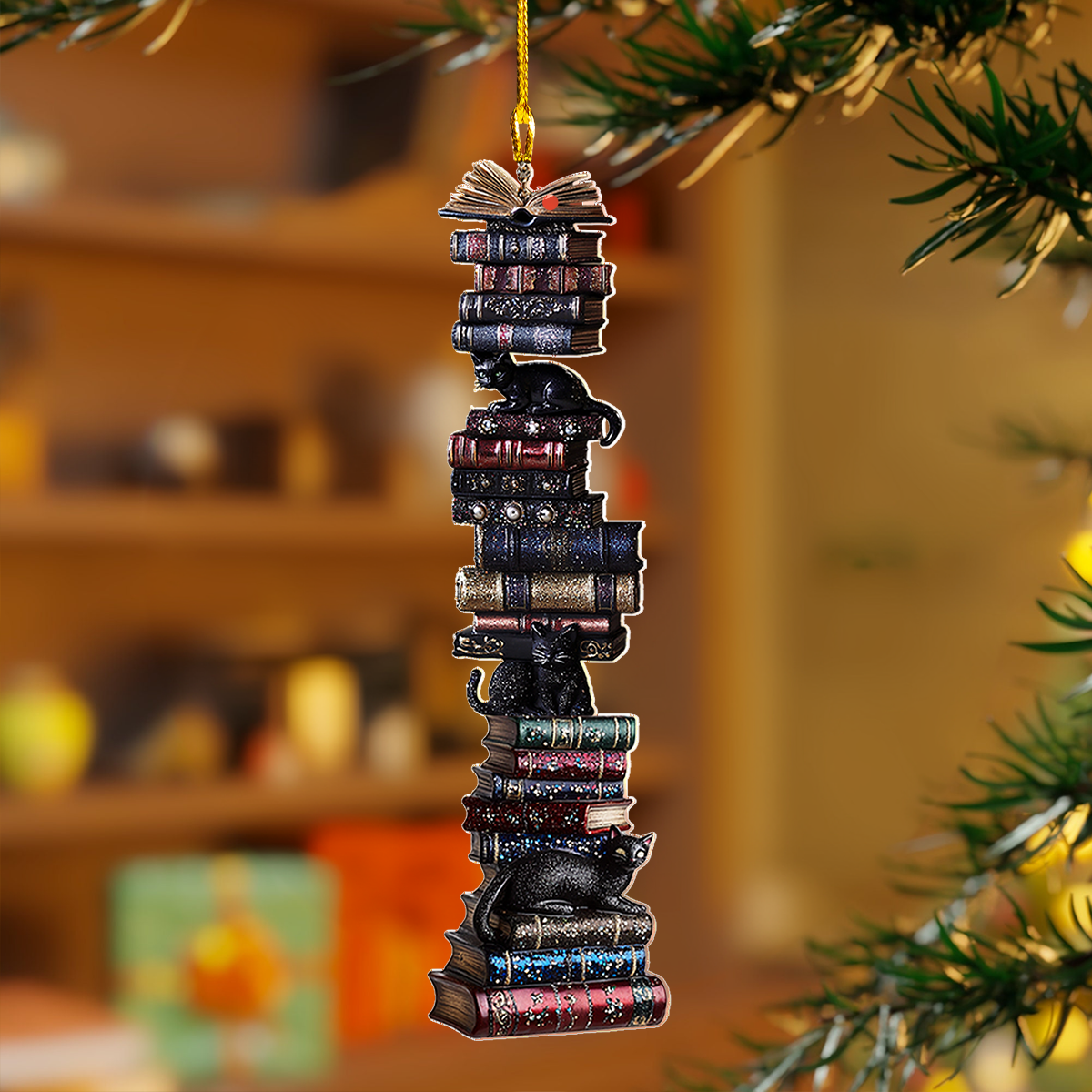 Shineful 2D Acrylic Ornament - Vintage Bookstack & Black Cat