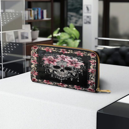 Shineful Leather Clutch Purse With Wristlet Strap Handle Beautiful Sugar Skull With Lilies