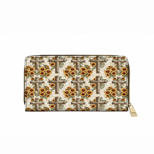 Shineful Leather Clutch Purse With Wristlet Strap Handle Rustic Sunflower Cross