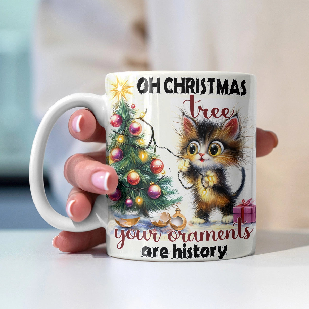 Tasse en céramique brillante Chat de Noël coquin ou gentil