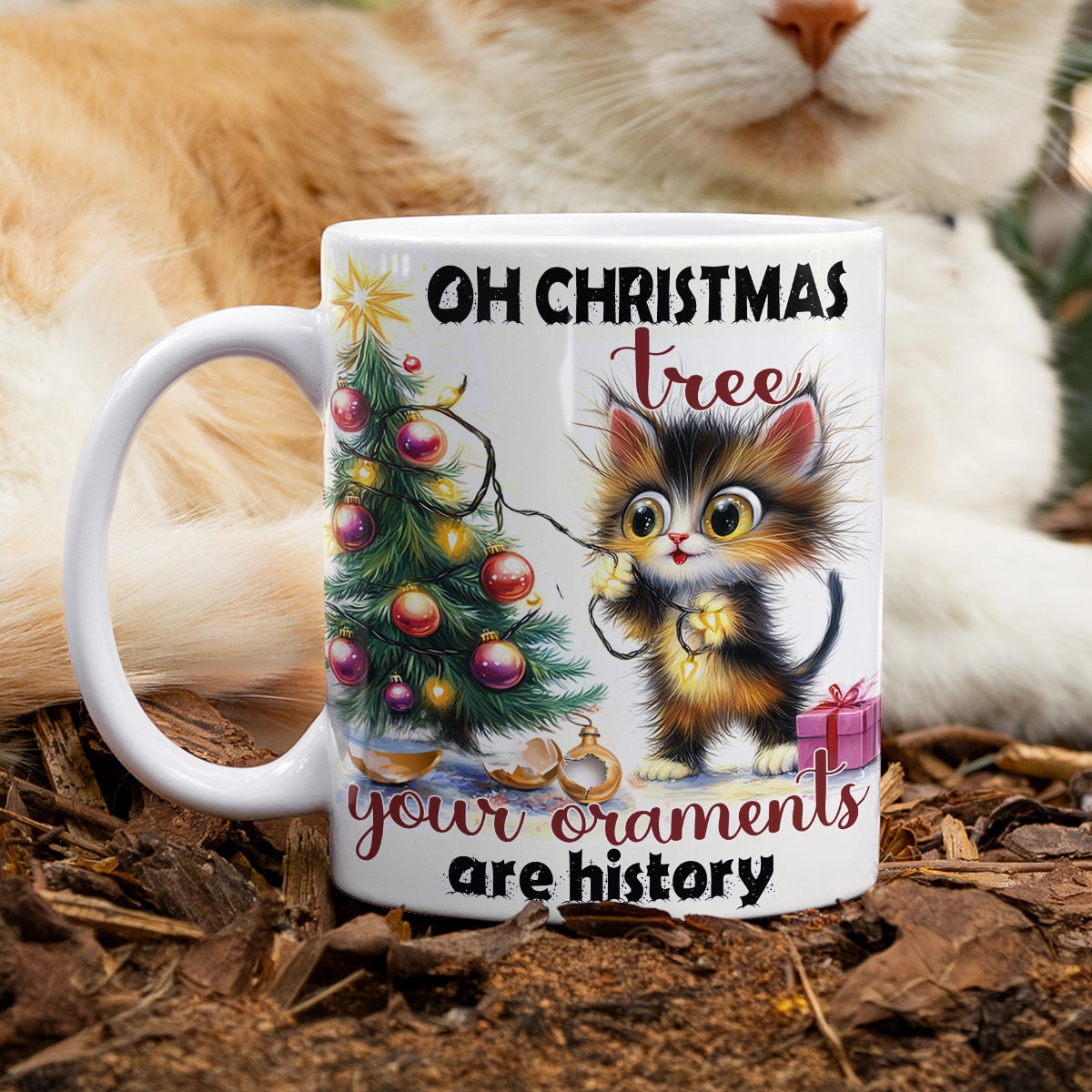 Tasse en céramique brillante Chat de Noël coquin ou gentil