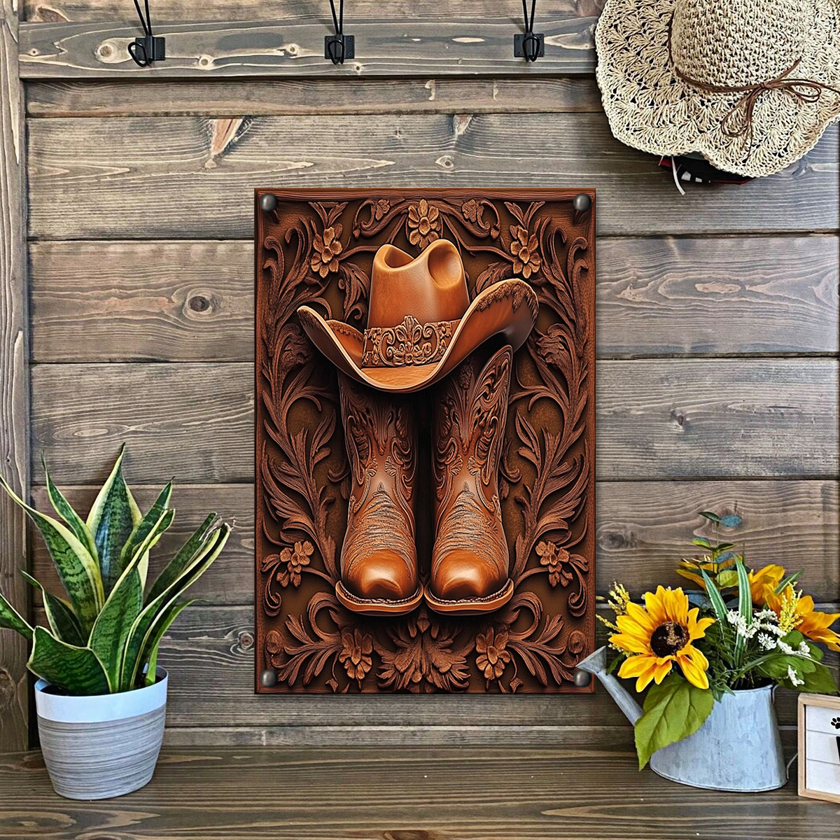 Shineful 2D Metal Sign Leather Cowboy Boots And Hat