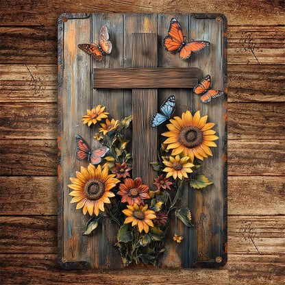 Shineful 2D Metal Sign Wood Cross And Sunflowers