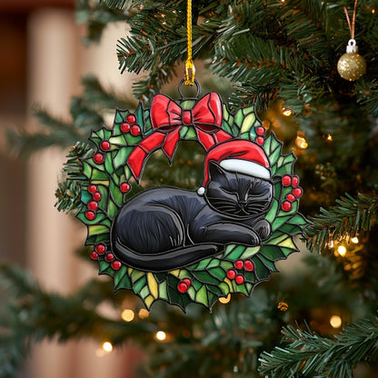 Glänzendes Acrylornament „Holly Jolly Cat Wreath“