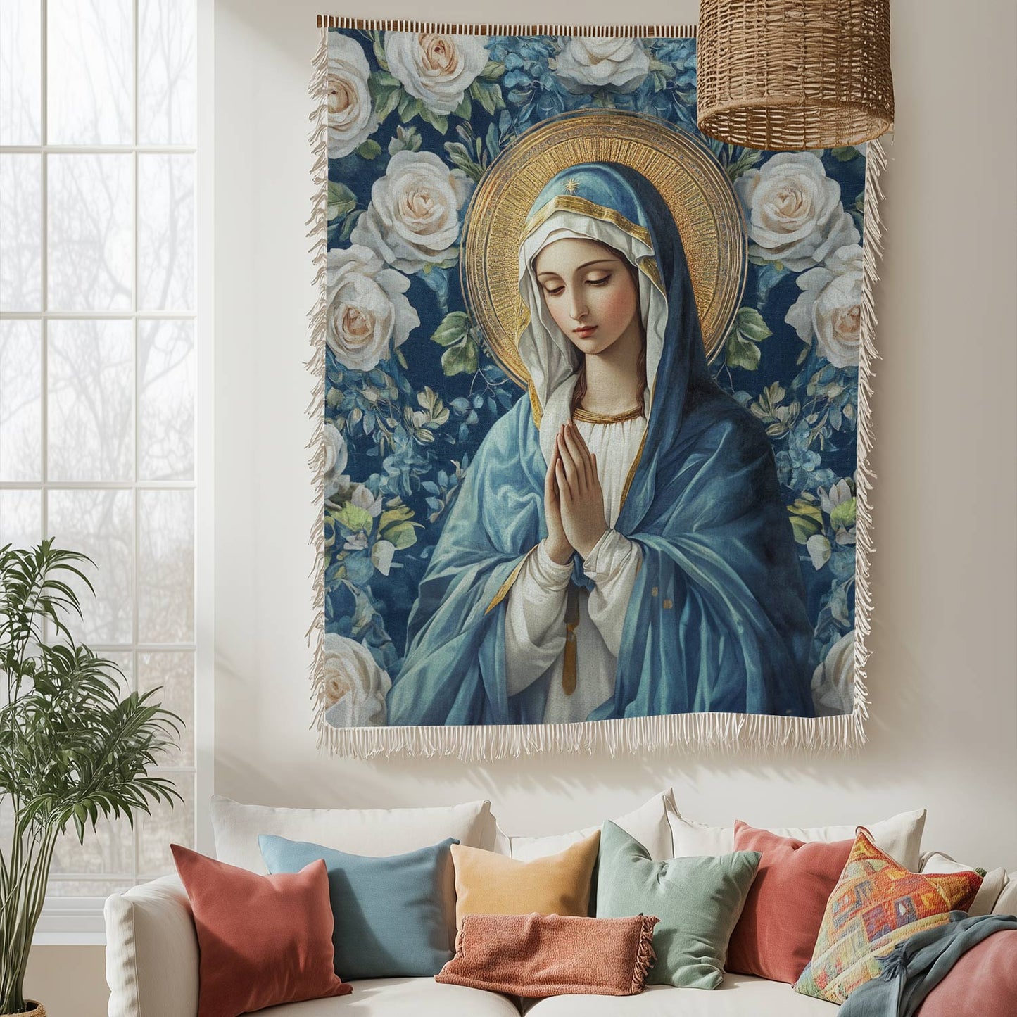 Shineful Woven Tapestry Throw Blanket Virgin Mary Floral Devotion