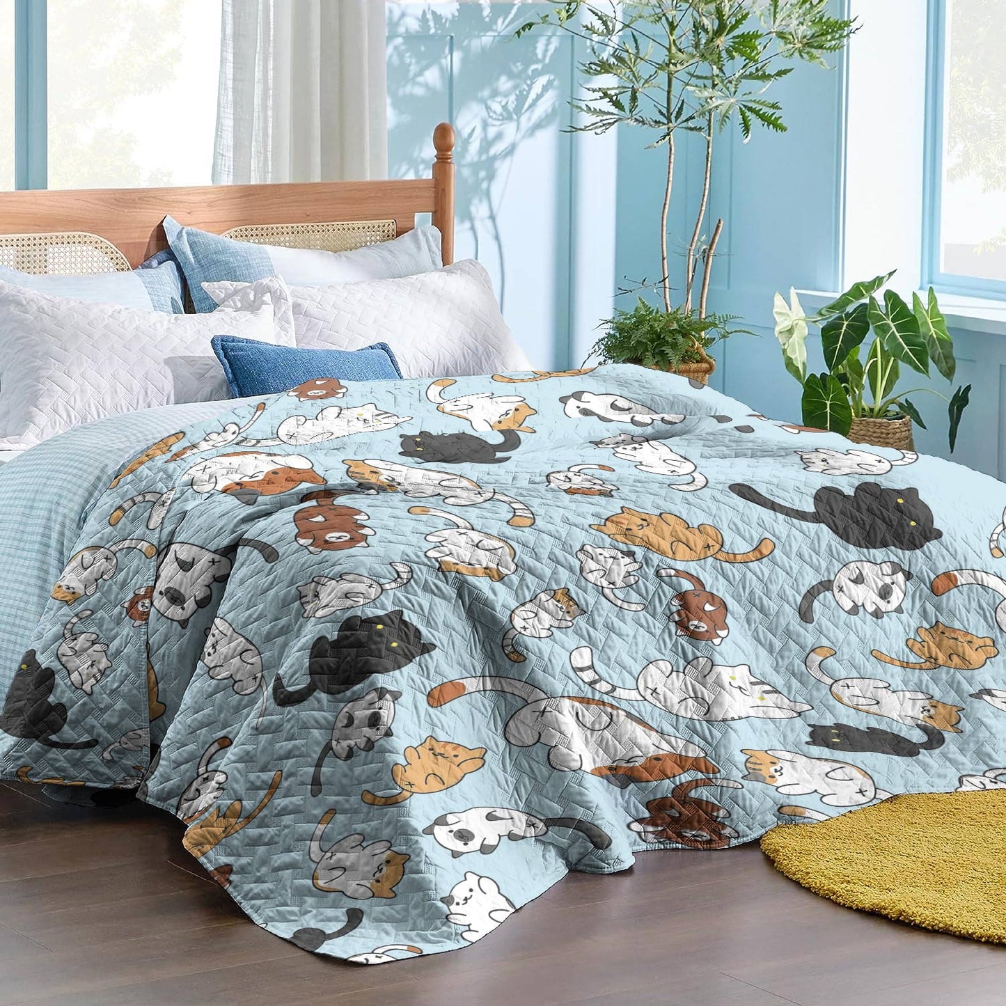 Shineful Flat Print Faux Quilt Blanket Puppy Slumber - BLue- All Season Faux Quilt