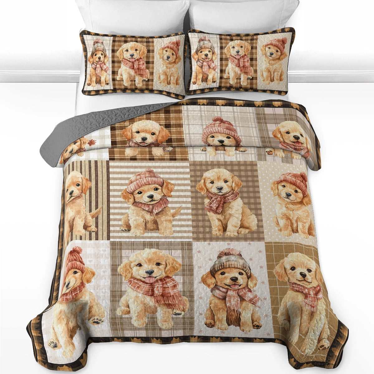 Shineful All Season Quilt 3-Piece Set Golden Retriever Puppies Cozy Moments