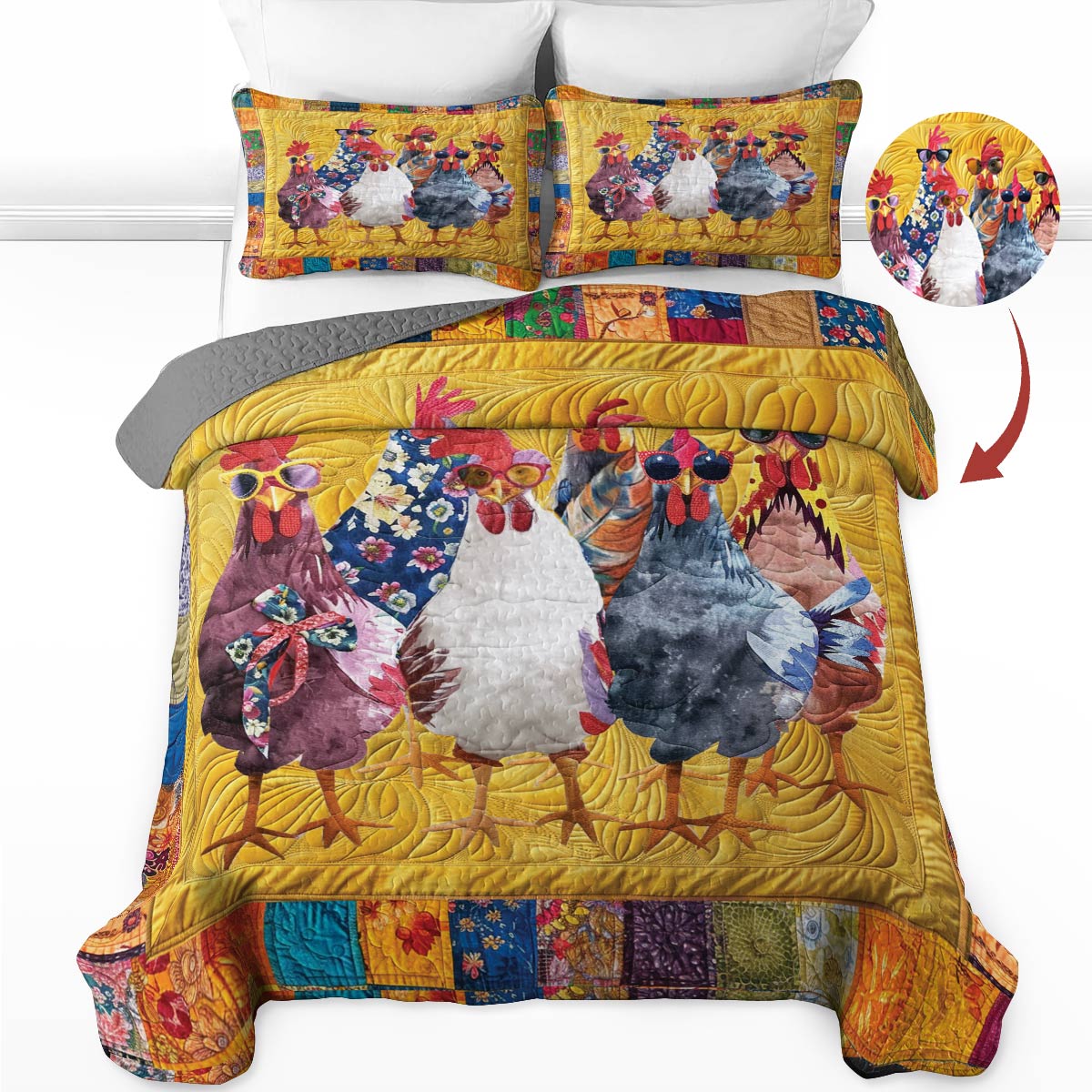 Shineful All Season Quilt 3-teiliges Set Whimsical Chickens