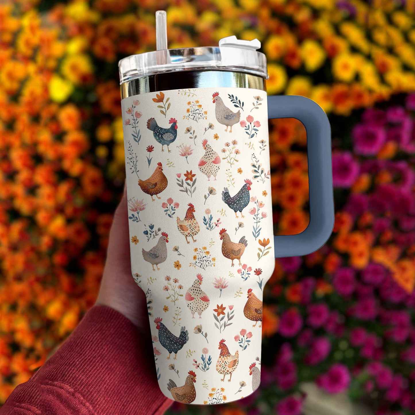 Chicken 40 Oz Shineful™ Tumbler Floral Mn8 Navy / Beige 40Oz