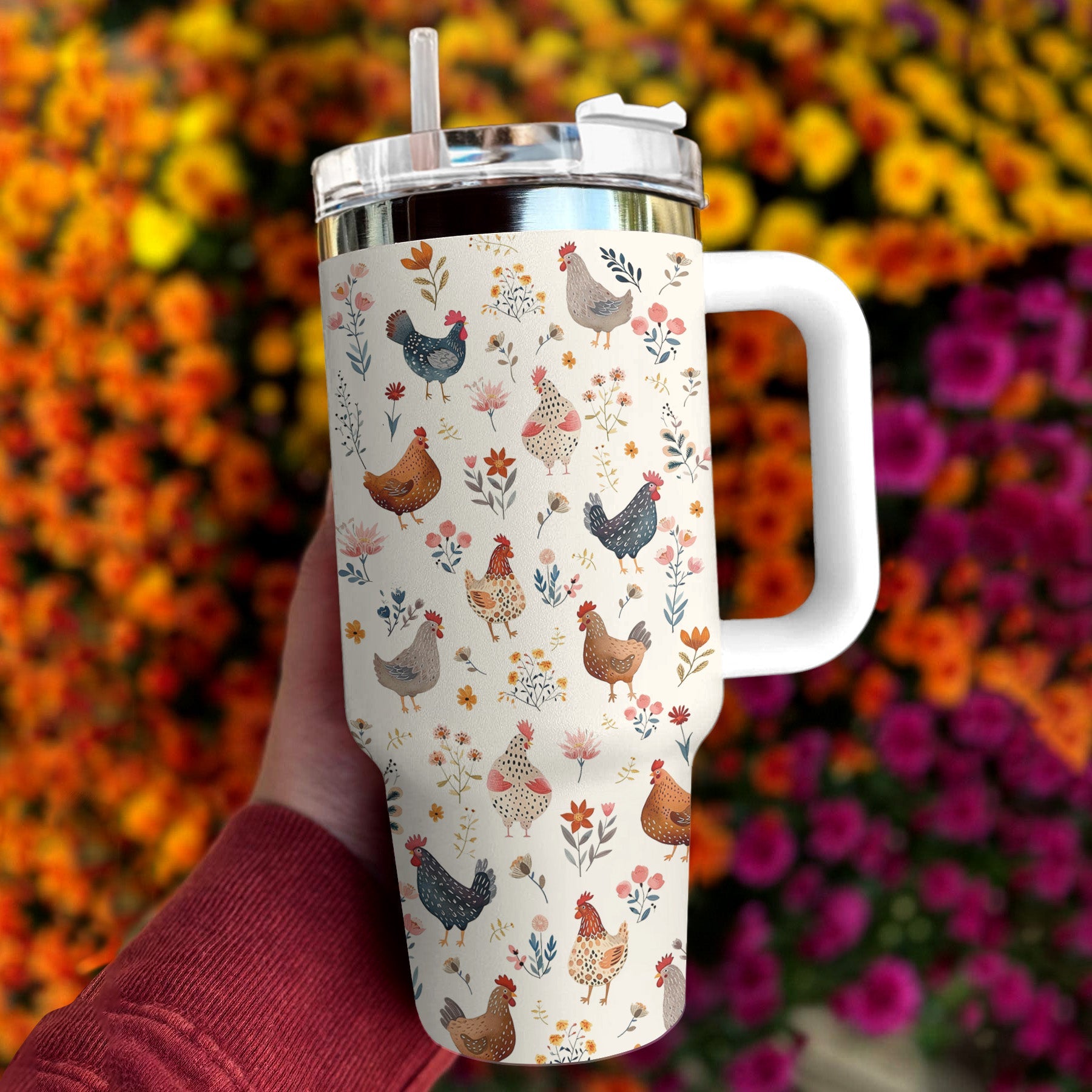 Chicken 40 Oz Shineful™ Tumbler Floral Mn8 White / Beige 40Oz