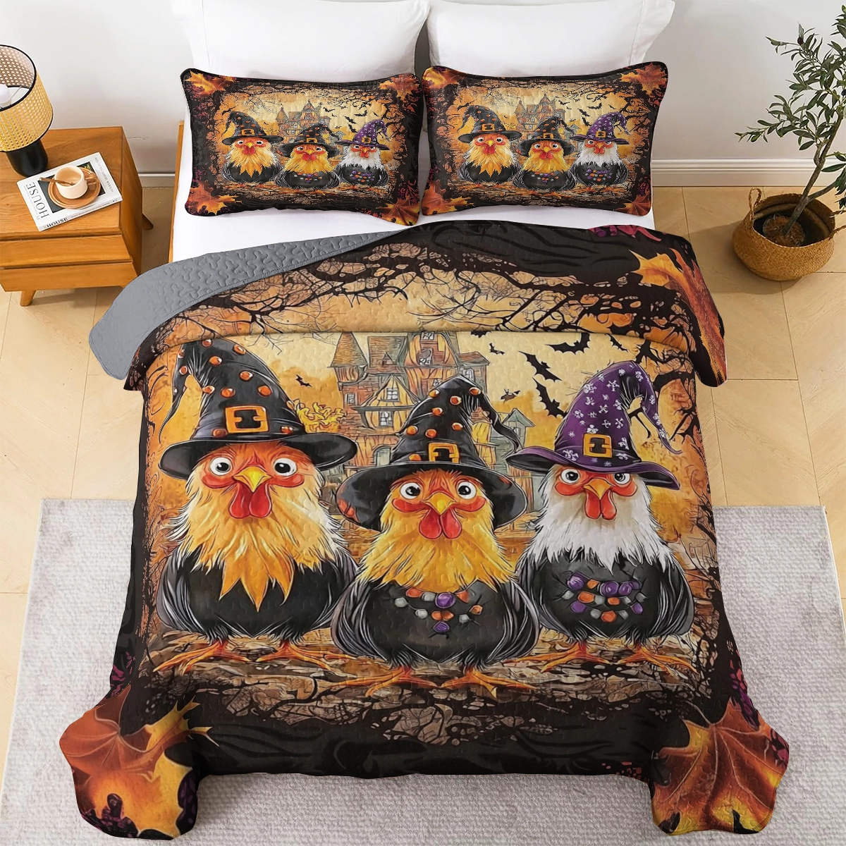 Shineful All Season Quilt 3-Piece Set - Chicken Witchy Halloween