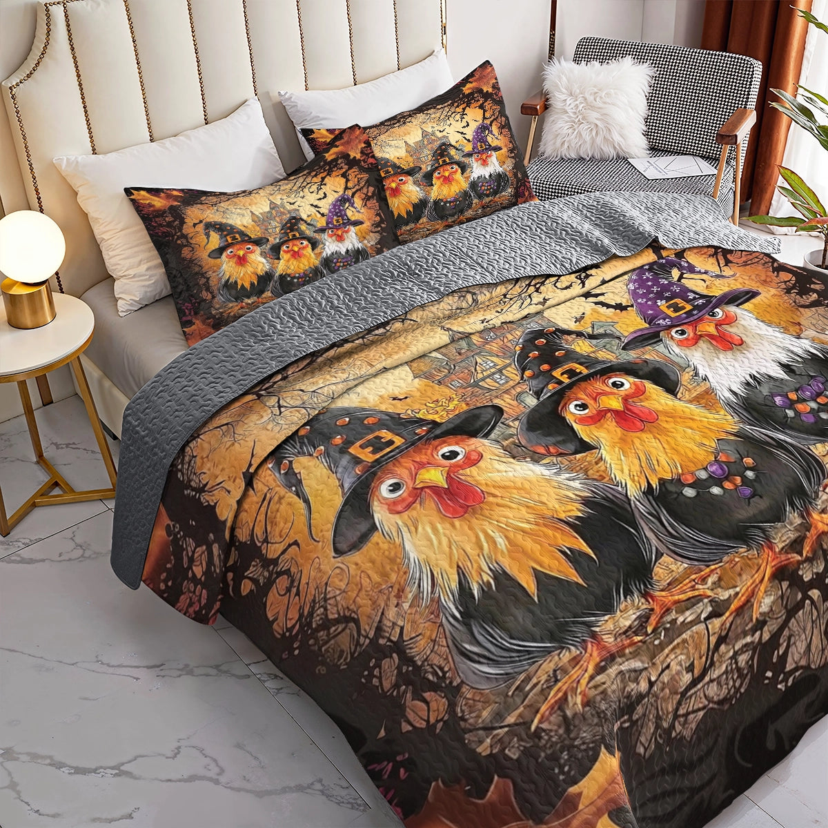 Shineful All Season Quilt 3-Piece Set - Chicken Witchy Halloween