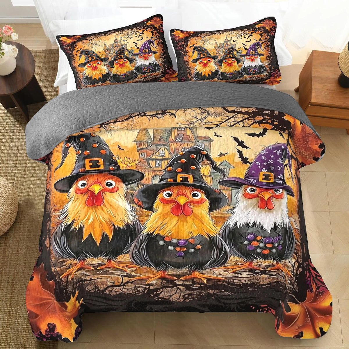 Shineful All Season Quilt 3-Piece Set - Chicken Witchy Halloween