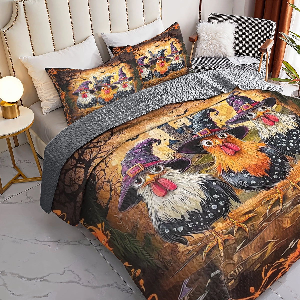 Shineful All Season Quilt 3-Piece Set - Chicken Spooky Hat Witch