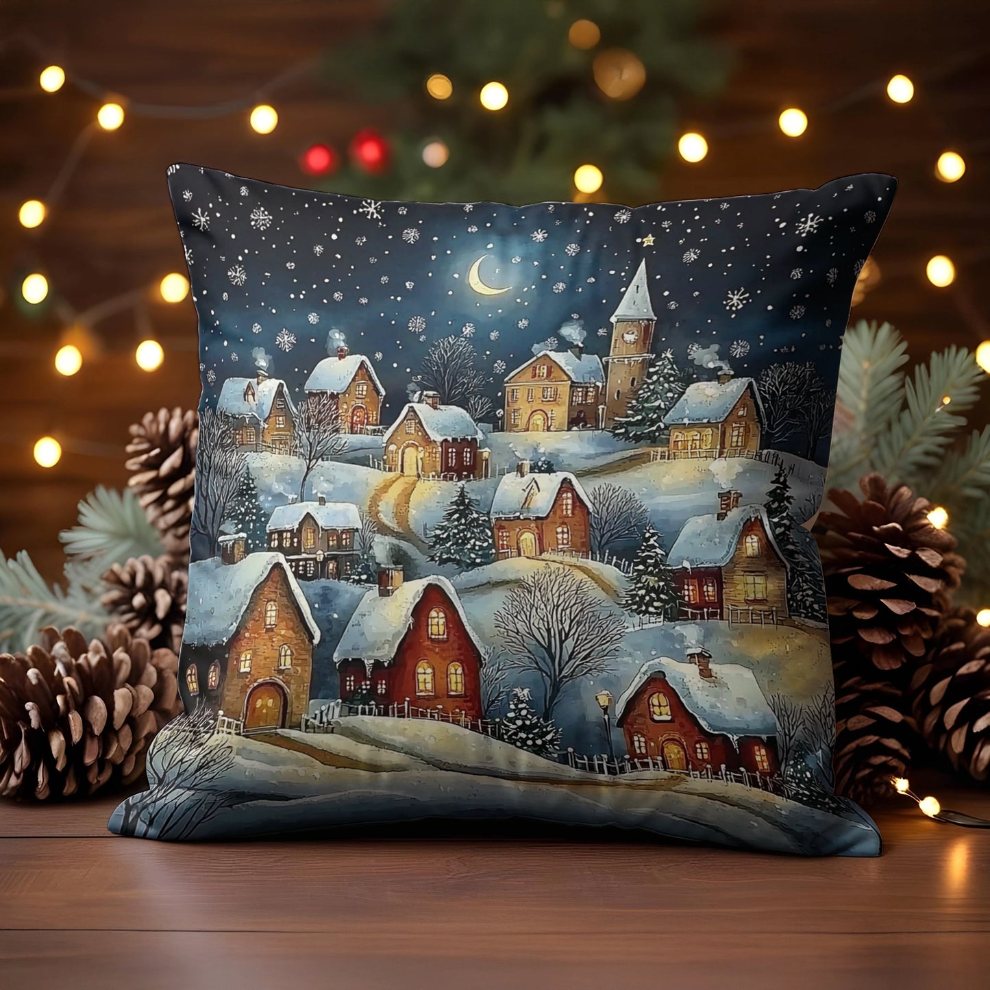 Housse de coussin imprimée 2D brillante, taie d'oreiller Village enneigé de Noël