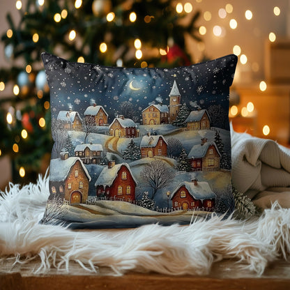 Housse de coussin imprimée 2D brillante, taie d'oreiller Village enneigé de Noël