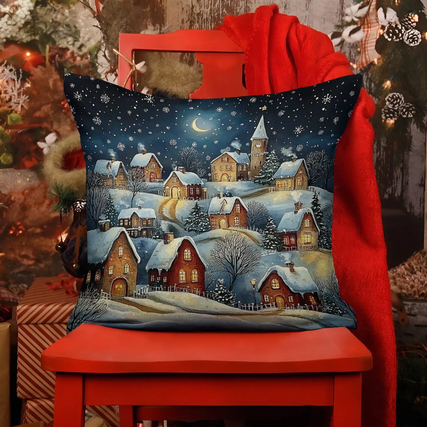 Housse de coussin imprimée 2D brillante, taie d'oreiller Village enneigé de Noël