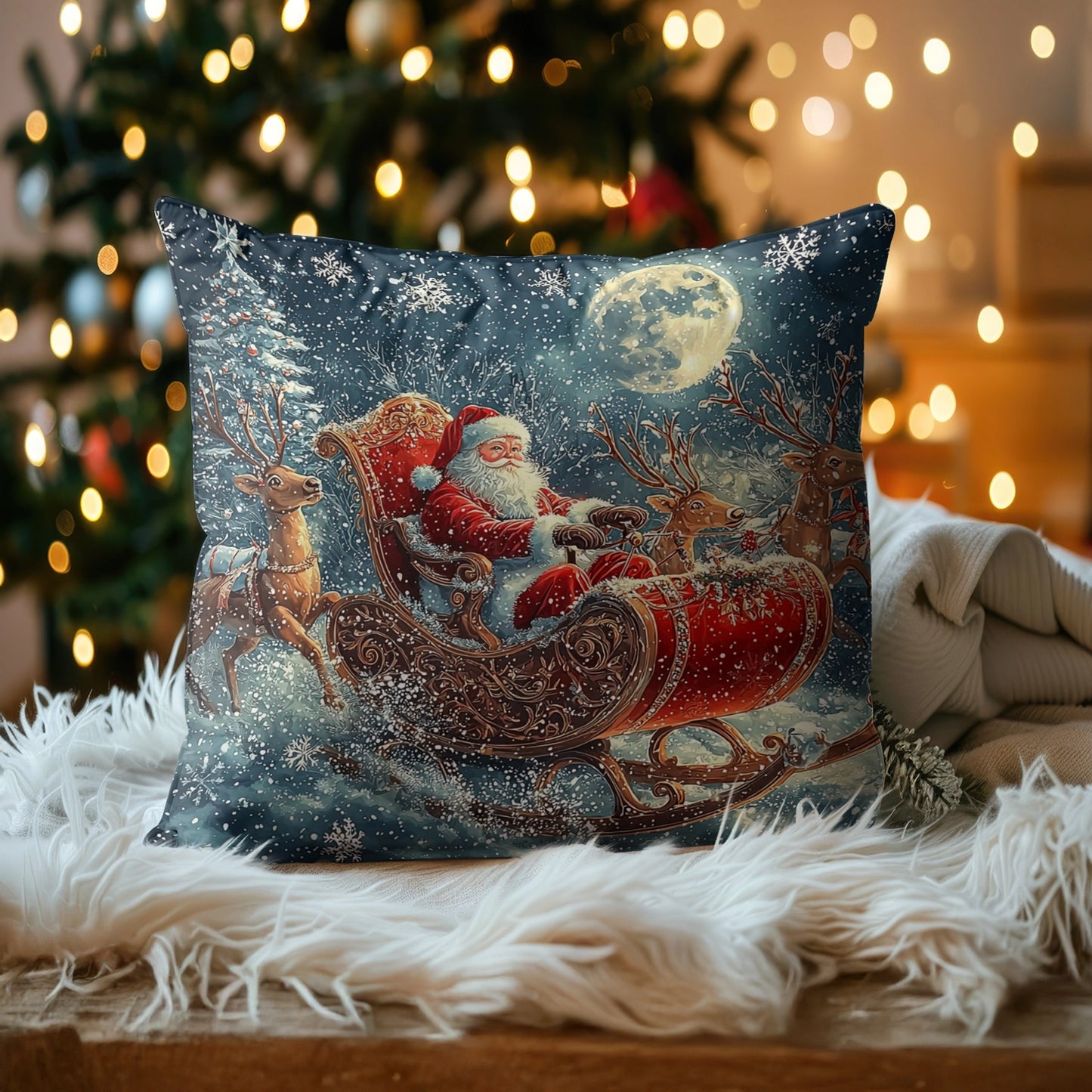 Shineful 2D Print Cushion Cover, Pillowcase Santa's Midnight Sleigh Ride