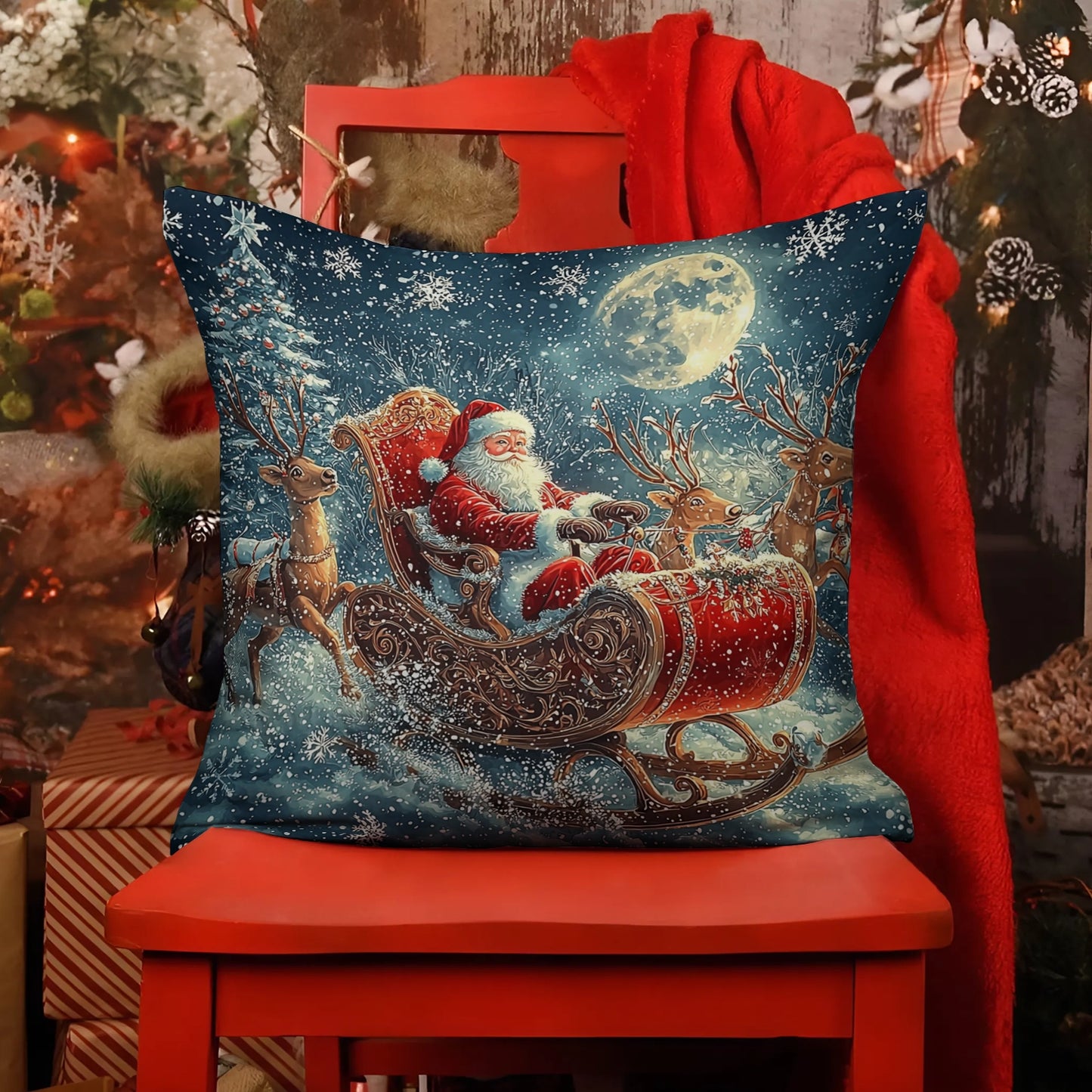 Shineful 2D Print Cushion Cover, Pillowcase Santa's Midnight Sleigh Ride