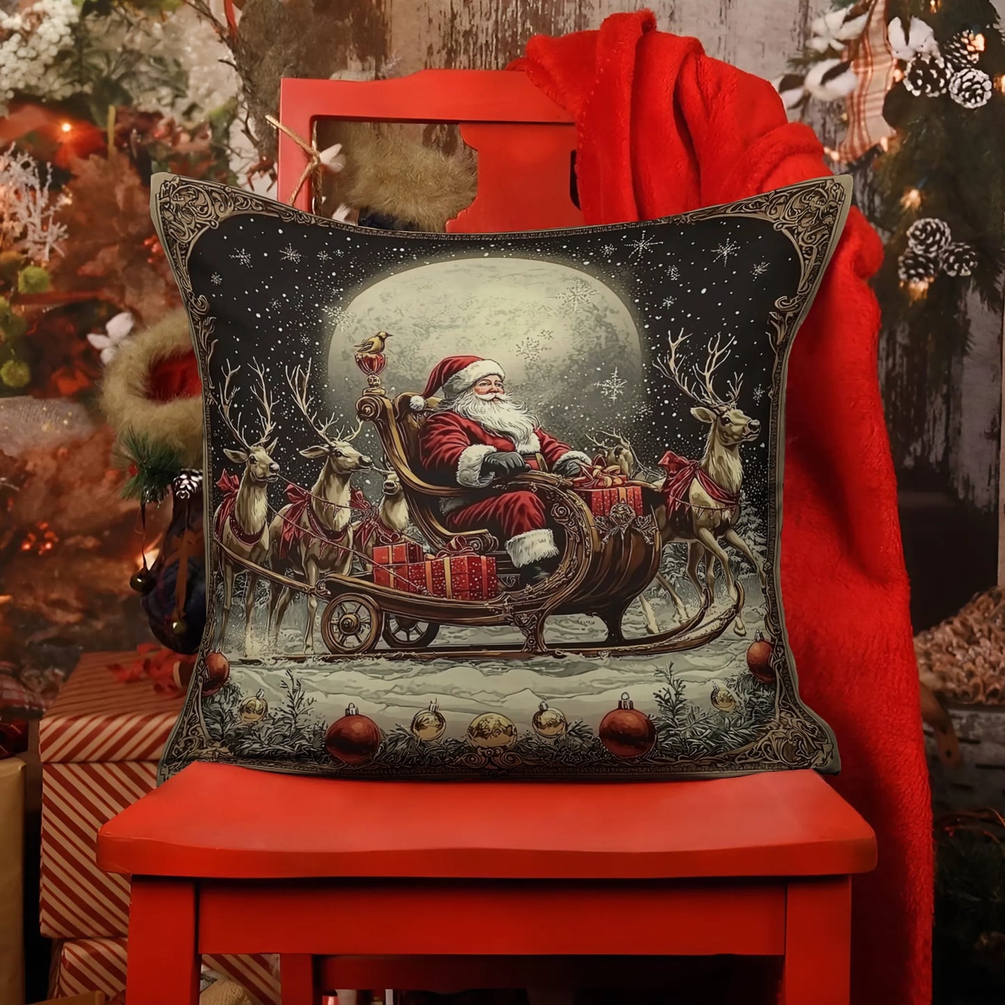 Shineful 2D Print Cushion Cover, Pillowcase Santa’s Moonlit Sleigh Ride