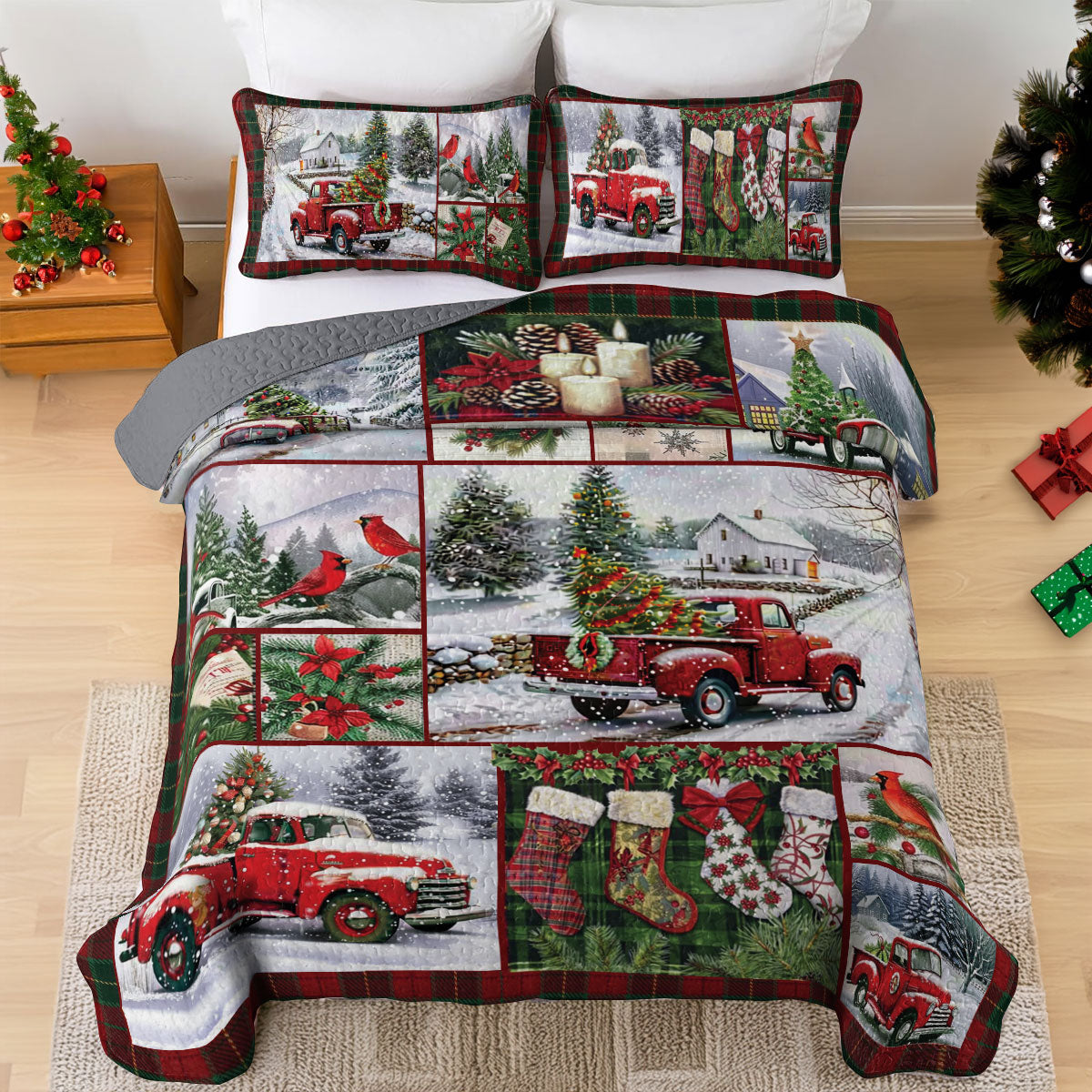 Shineful All Season Quilt 3-Piece Set Vintage Christmas Truck