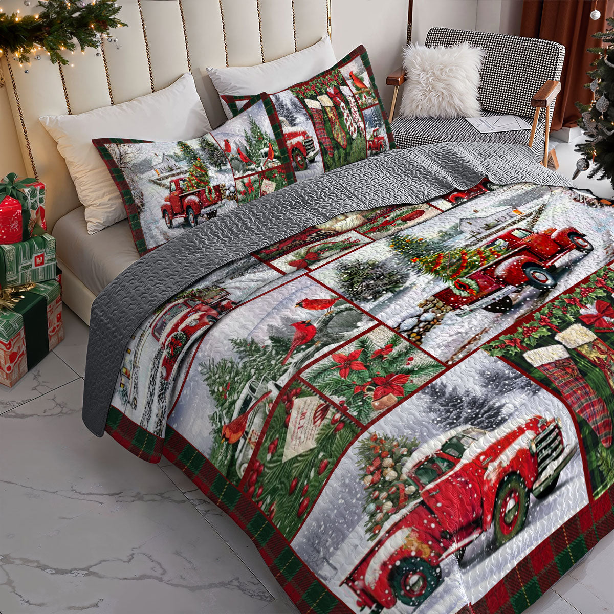 Shineful All Season Quilt 3-Piece Set Vintage Christmas Truck