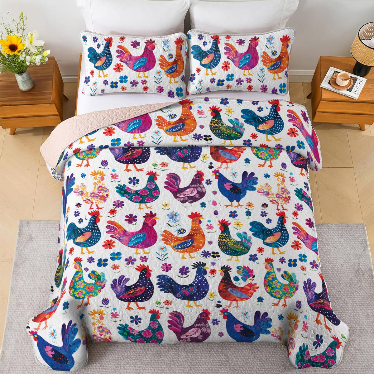 Shineful All Season Quilt 3-Piece Set Pretty Chickens