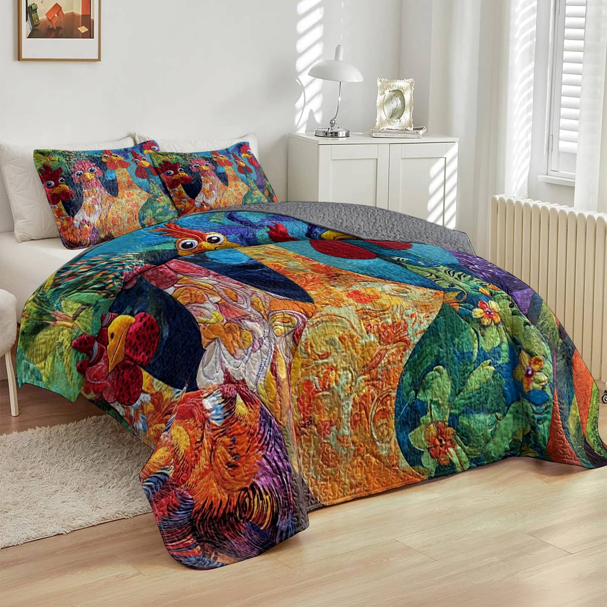 Shineful All Season Quilt 3-Piece Set Stunning Chickens Model