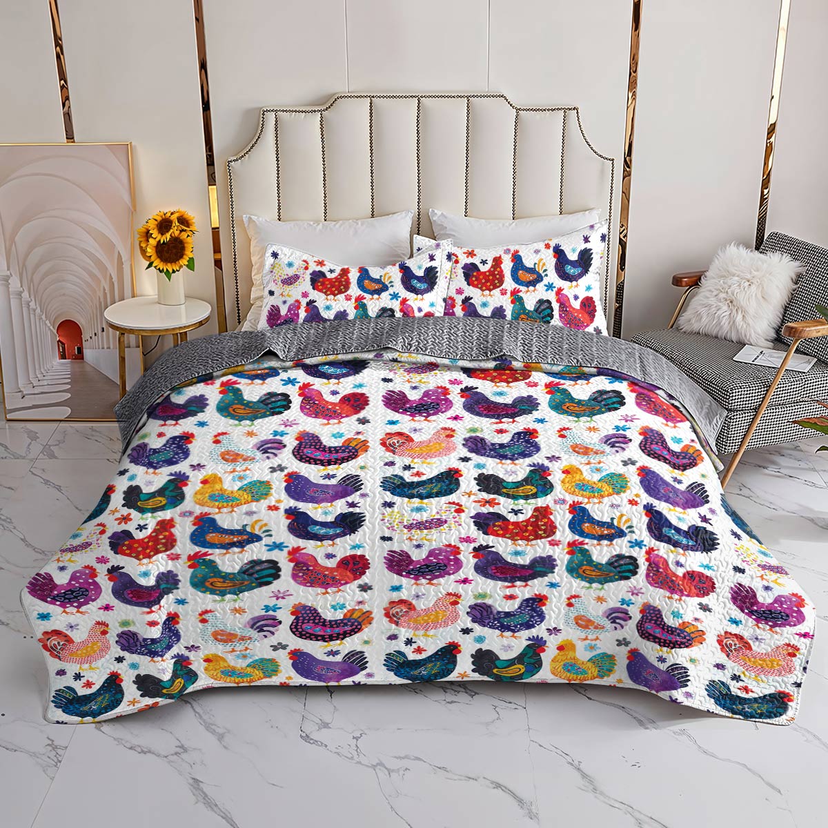 Shineful All Season Quilt 3-Piece Set Colorful Chicken