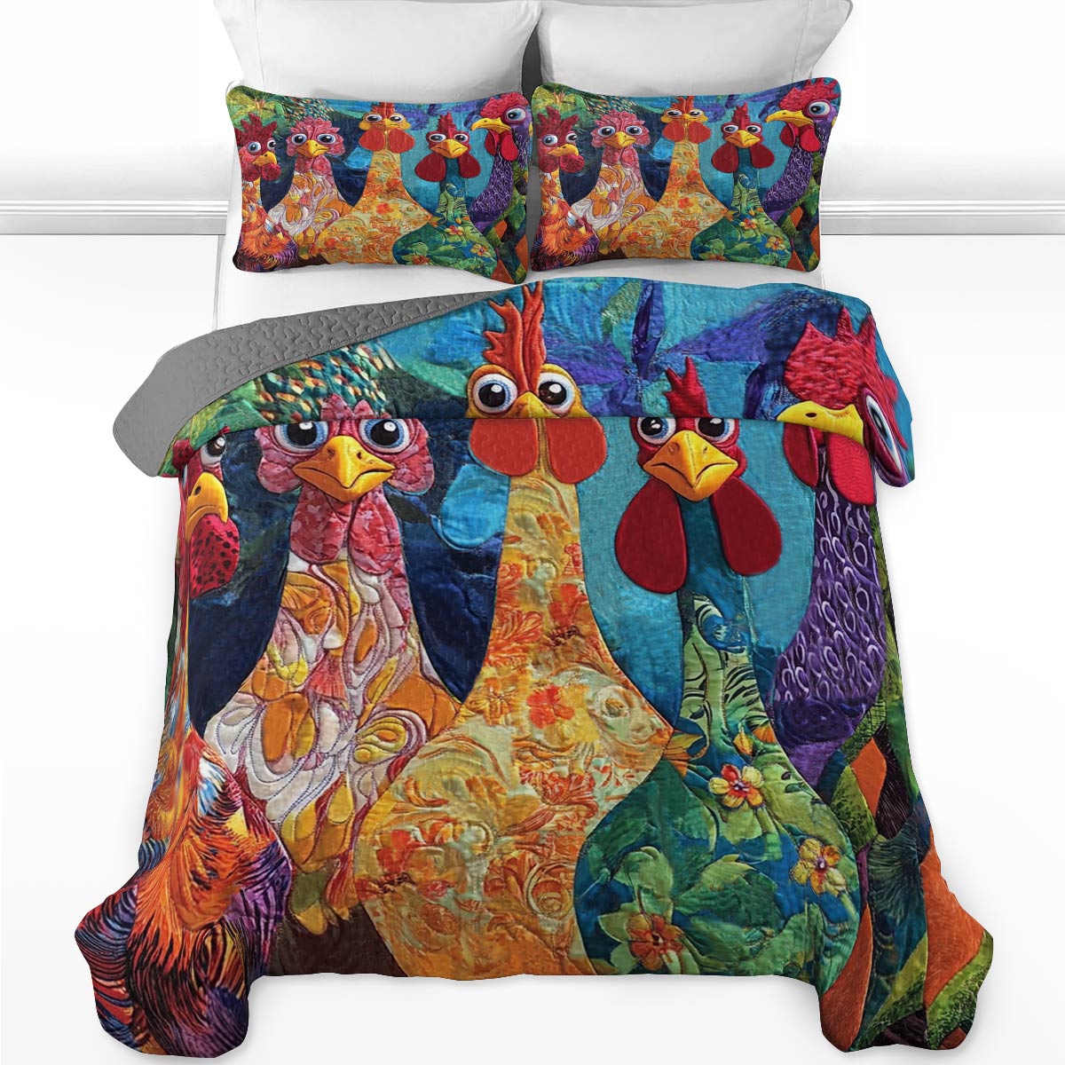 Shineful All Season Quilt 3-Piece Set Stunning Chickens Model