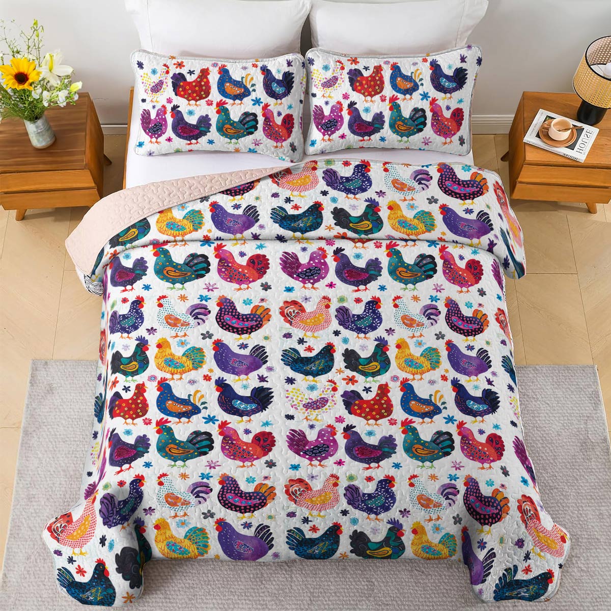 Shineful All Season Quilt 3-Piece Set Colorful Chicken